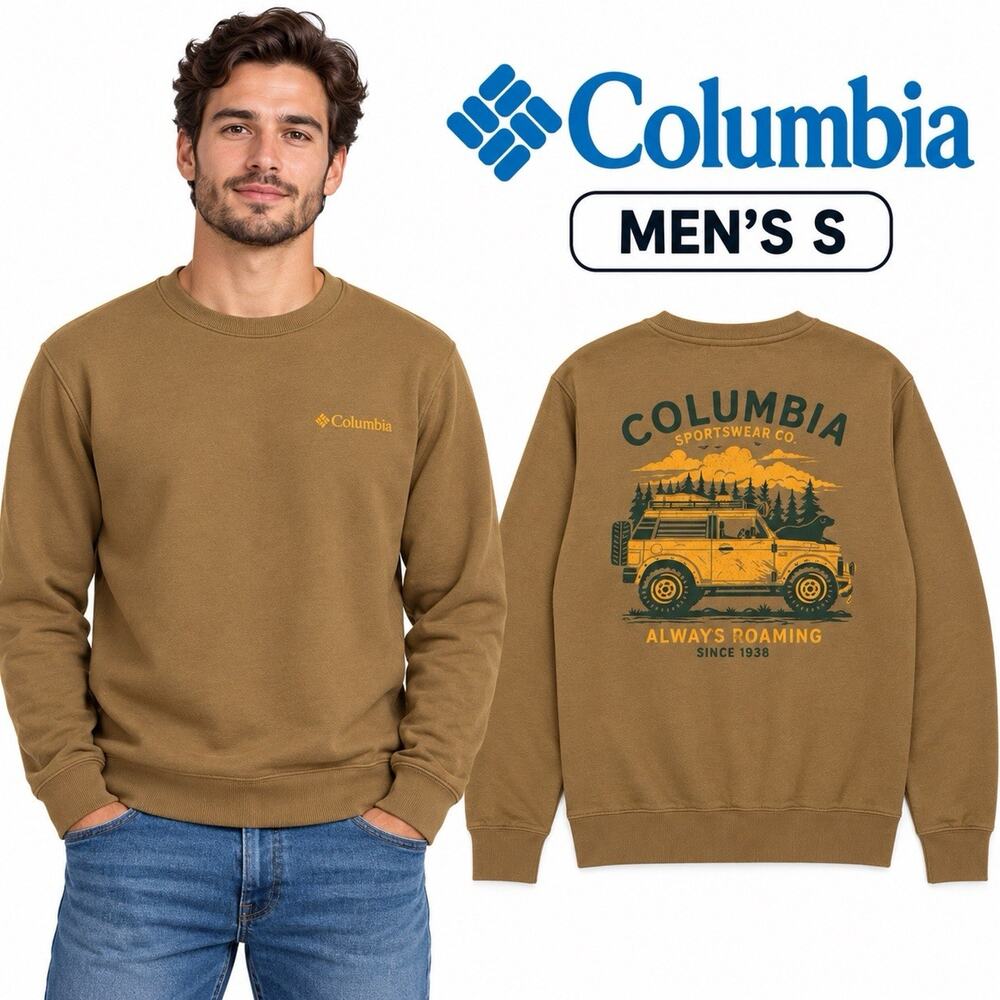 Columbia Men’s Small Brown Crewneck Sweatshirt Always Roaming SUV Back Graphic